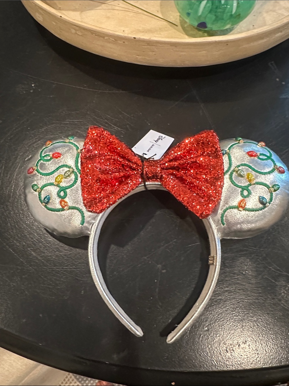 BaubleBar Silver Embroidered Mouse Ear Headband with Red Glitter Bow Disney NWT